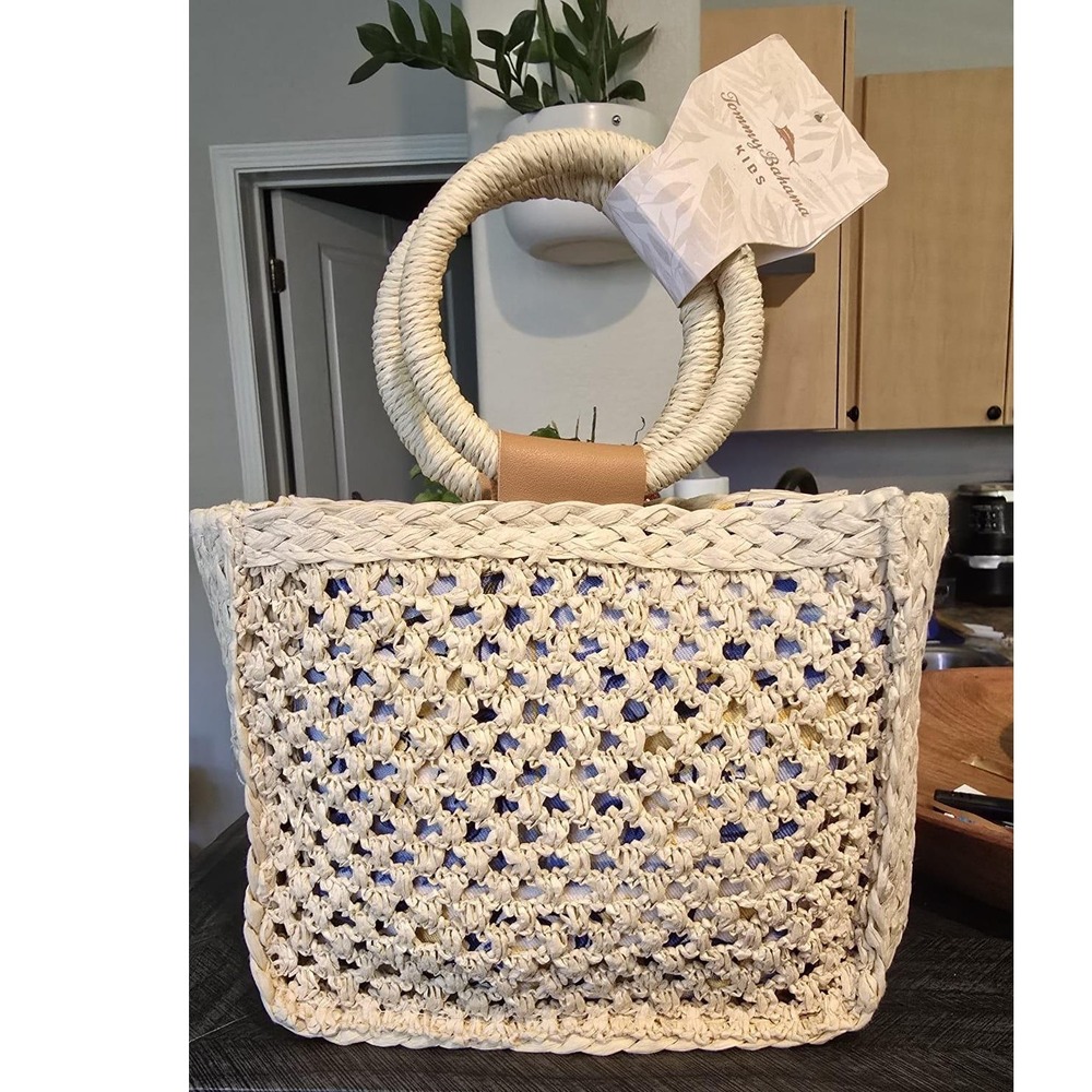 Straw Tote Bag Natural Crochet Ring Handle Tropical Lining NWT Bohemian, Beach
